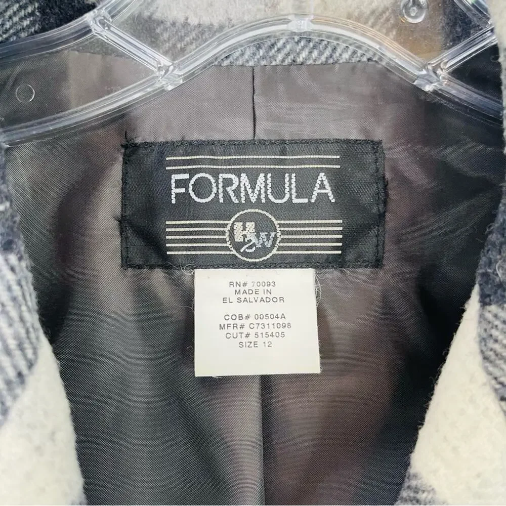 Formula grey white wool plaid button barn chore coat preppy jacket 12